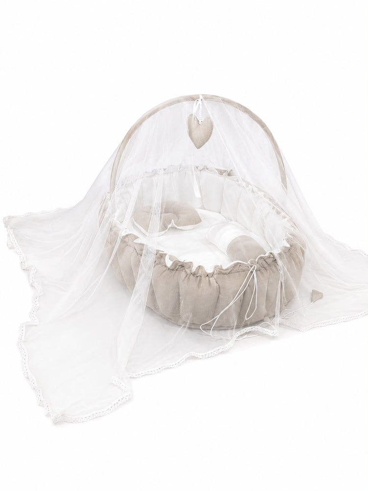 Adorables Baby Bed for Newborn | Oval Bed | Royal Beige & White | Rexin, Cotton with Recron filling | With Removable Net