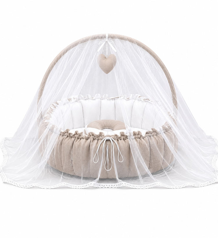 Adorables Baby Bed for Newborn | Oval Bed | Royal Beige & White | Rexin, Cotton with Recron filling | With Removable Net