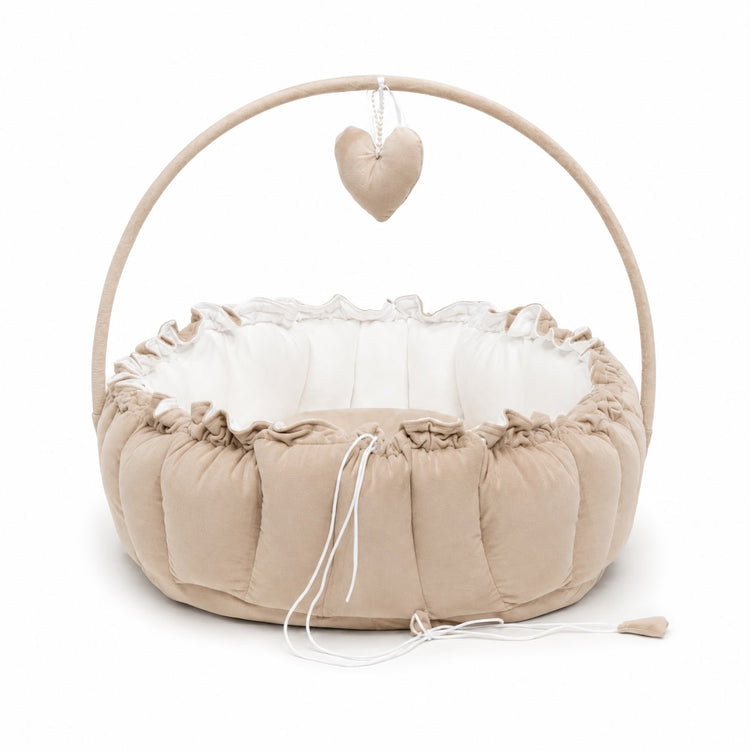Adorables Baby Bed for Newborn | Oval Bed | Royal Beige & White | Rexin, Cotton with Recron filling | With Removable Net