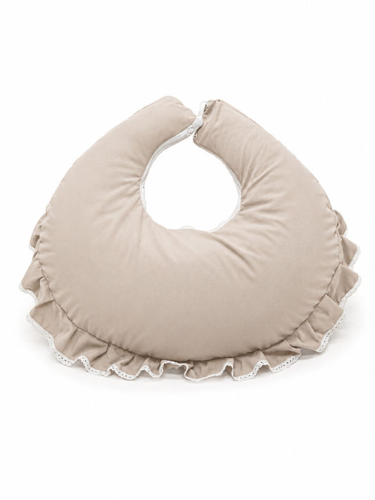 Adorables Feeding Pillow for Newborn | Royal Beige & White | Rexin & Cotton with Recron Filling | Bow Work & Lace Design