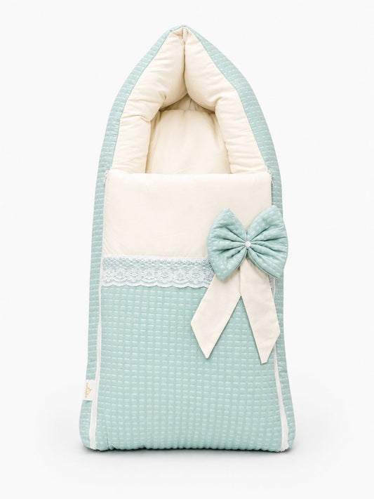 Adorables Baby Sleeping Bag | Soft Linea Spring Green in Off White | Bow Work & Lace Design | Cotton with Recron filling