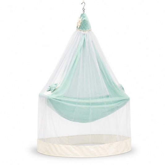 Adorables Bed Cradle | Soft Linea Spring Green in Off White | Cotton with Recron | Includes Star Hangings and Removable Net