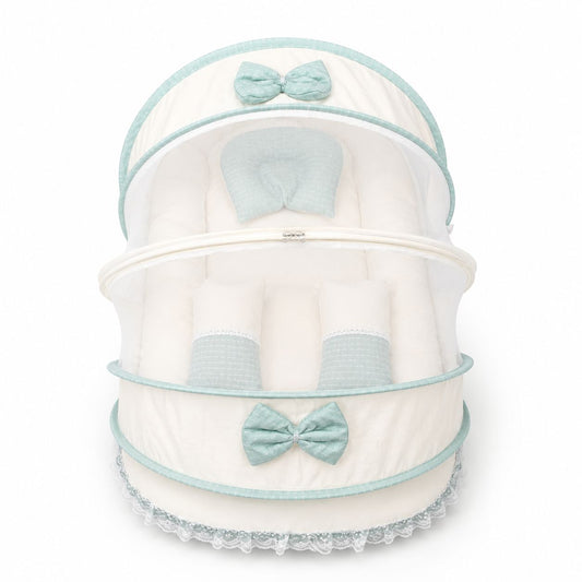 Adorables Mesh Infant Bed | Soft Linea Spring Green in Off White | Bow Work with Lace Design | Cotton with Recron Filling