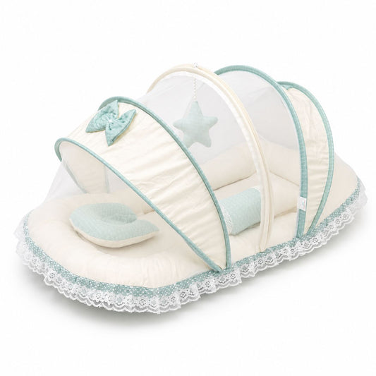 Adorables Mesh Infant Bed | Soft Linea Spring Green in Off White | Bow Work with Lace Design | Cotton with Recron Filling