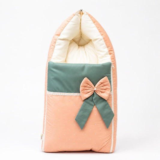 Adorables Baby Sleeping Bag | Pastel Garden | Peach in White Dot , Mocha green | Bow Work & Lace Design | Cotton with Recron filling