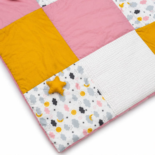 Adorables Baby Play Mat Quilt | Cloudy Sky Print | Patchwork Design | Cotton & Satin | Padded Play Mat for Newborn | Includes Side & Neck Pillows