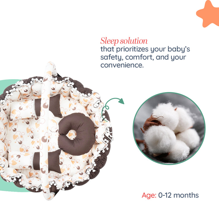 Adorables Round Bed | Coffee & White | Heart Print, Hanging Pillow, Lace Design | Cotton & Recron