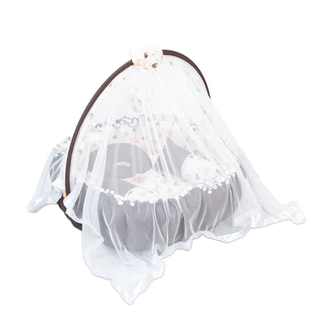 Adorables Round Bed | Coffee & White | Heart Print, Hanging Pillow, Lace Design | Cotton & Recron