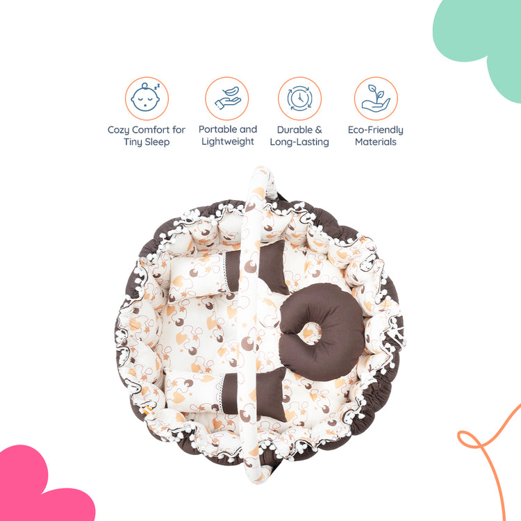 Adorables Baby Round Bedding Combo Set 3 in 1 | Dark Coffee & White | Heart Print & Lace Design | Cotton & Recron | Includes Round Bed, Sleeping Bag & Large Basket