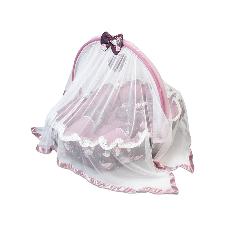 Adorables Oval Bed | Grape & Dusted Pink | Floral Print, Hanging Pillow, Lace Design, Removable Net