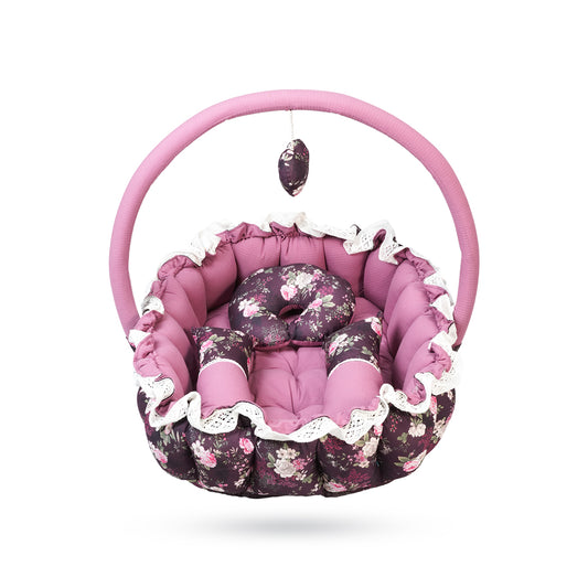 Adorables Oval Bed | Grape & Dusted Pink | Floral Print, Hanging Pillow, Lace Design, Removable Net