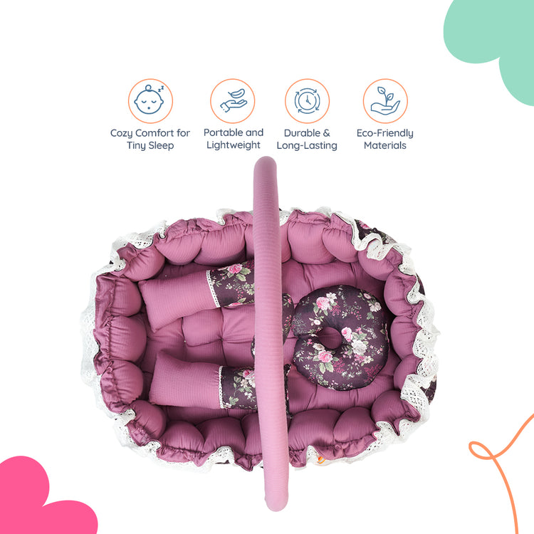 Adorables Oval Bed | Grape & Dusted Pink | Floral Print, Hanging Pillow, Lace Design, Removable Net