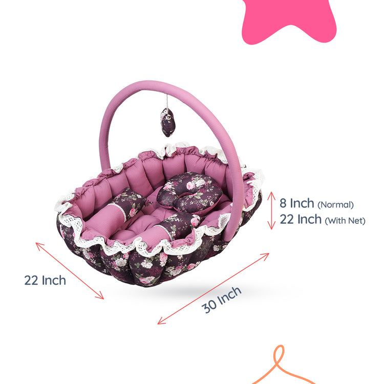 Adorables Oval Bed | Grape & Dusted Pink | Floral Print, Hanging Pillow, Lace Design, Removable Net