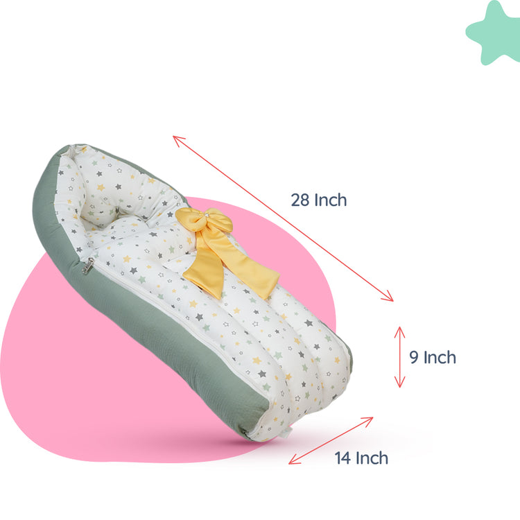 Adorables Baby Holder | White & Olive Green | Star Print & Bow Work | Cotton & Recron