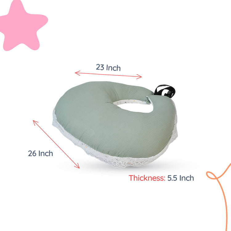Adorables Feeding Pillow | White & Olive Green | Star Print with Lace Design | Cotton with Recron Filling