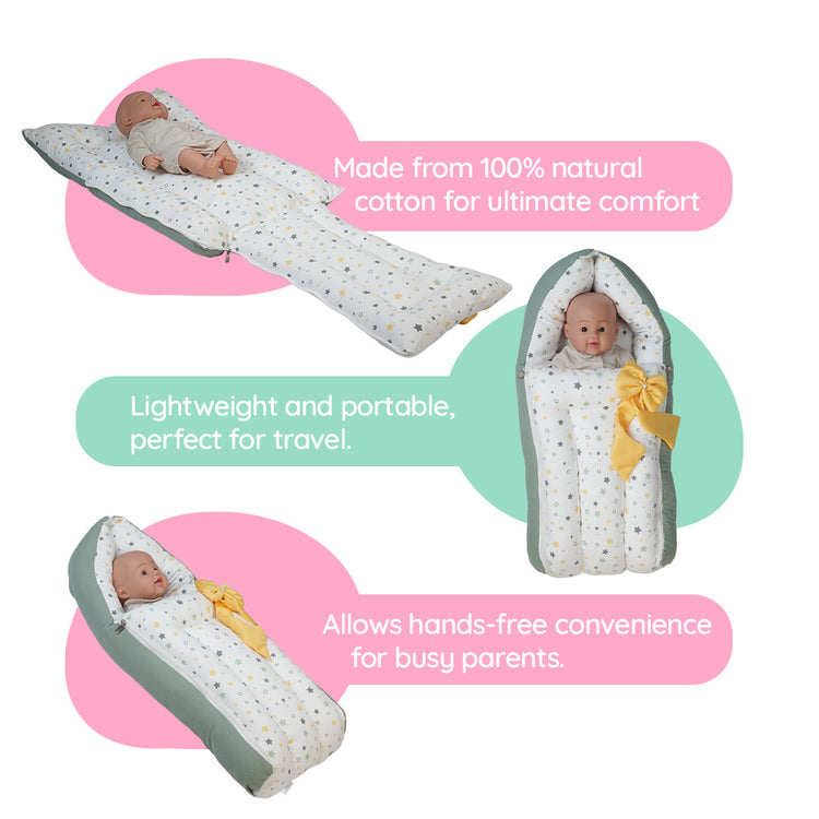 Adorables Baby Holder | White & Olive Green | Star Print & Bow Work | Cotton & Recron