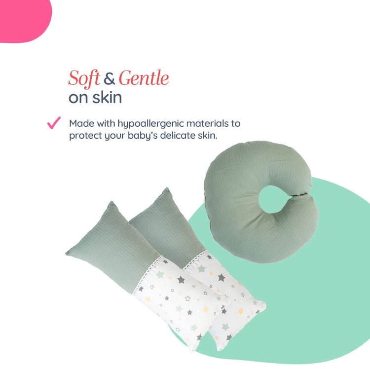 Adorables Pillow Set – White & Olive Green | Lace Design with Side & Neck Pillows