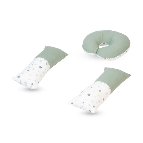 Adorables Pillow Set – White & Olive Green | Lace Design with Side & Neck Pillows