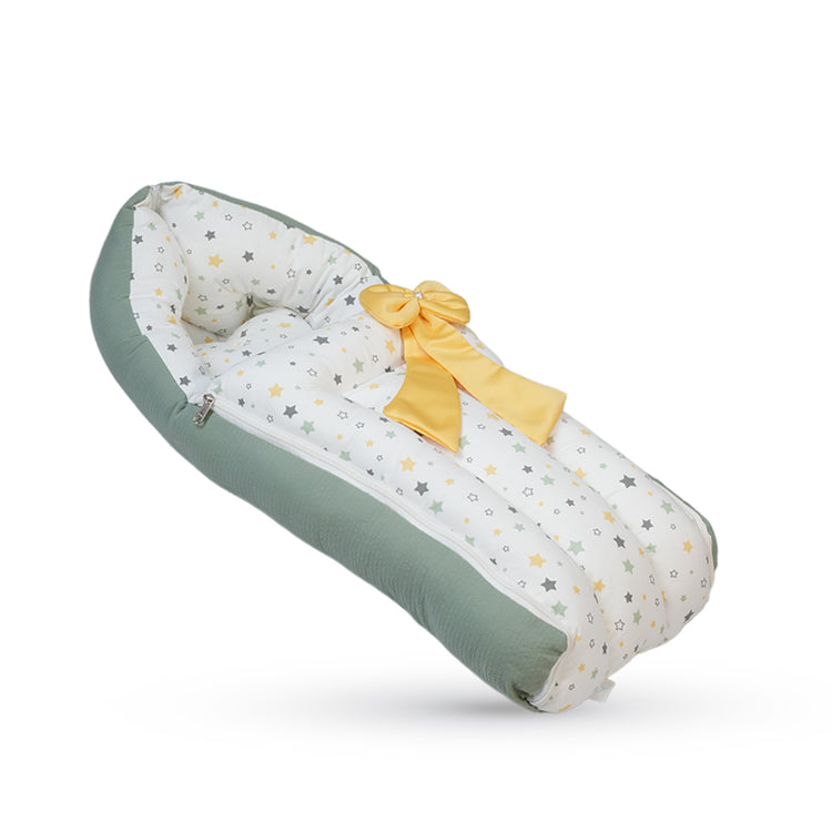 Adorables Baby Round Bedding Combo Set 3 in 1 | White & Olive Green | Star Print, Bow & Lace | Cotton & Recron | With Round Bed, Basket (L) & Baby Holder