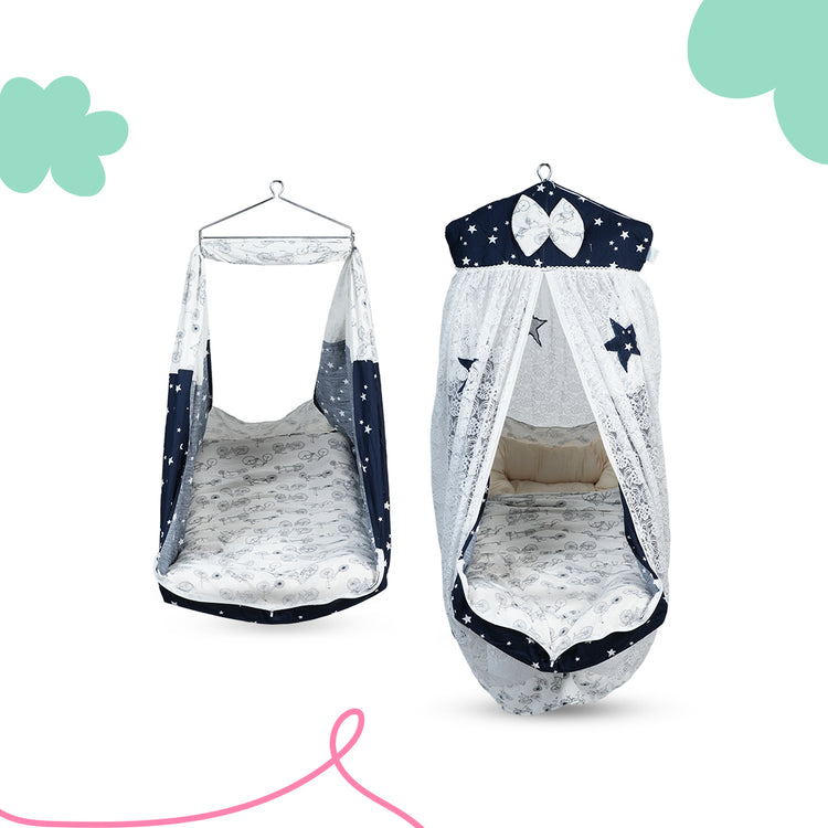 Adorables Bed Cradle | Navy Blue & White | Cotton with Recron | Elegant Details for Comfort and Safety