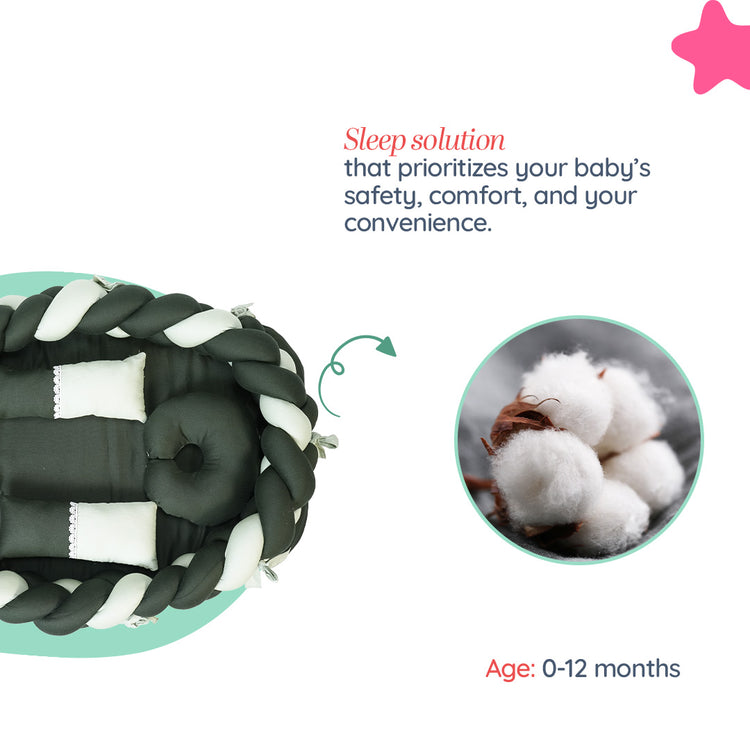 Adorables Braided Nest | Soft Cotton & Foam | Light Green & Dark Green | Side Pillows, Neck Pillow, and Protective Net