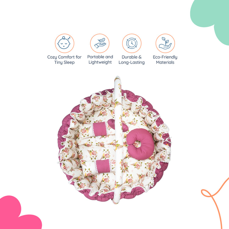 Adorables Round Bed - (King Size) | Pink & White | Floral Print, Hanging Pillow, Lace Design | Cotton & Recron