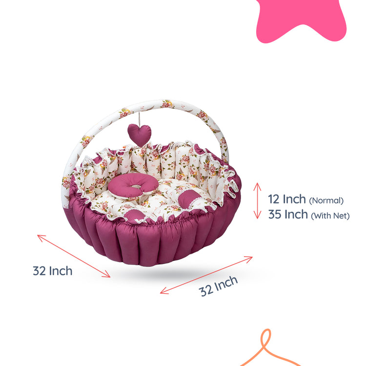 Adorables Round Bed - (King Size) | Pink & White | Floral Print, Hanging Pillow, Lace Design | Cotton & Recron