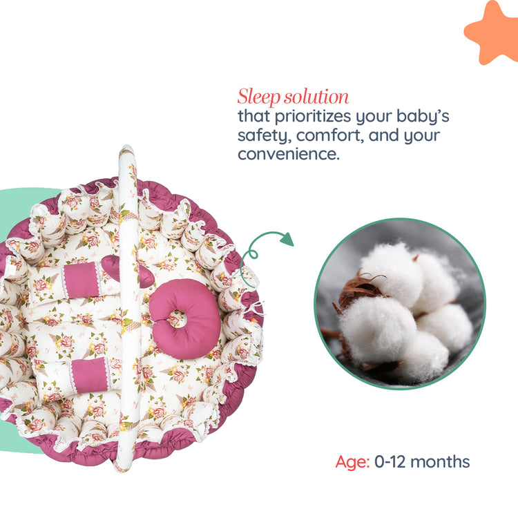 Adorables Round Bed - (King Size) | Pink & White | Floral Print, Hanging Pillow, Lace Design | Cotton & Recron