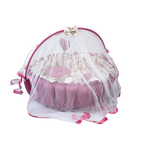 Adorables Round Bed - (King Size) | Pink & White | Floral Print, Hanging Pillow, Lace Design | Cotton & Recron
