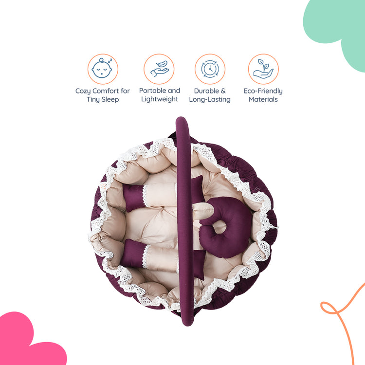 Adorables Baby Round Bedding Combo Set 3 in 1 | Purple & Beige | Butterfly Embroidery & Lace | Cotton & Recron | Includes Round Bed, Sleeping Bag & Large Basket