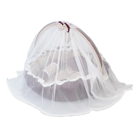 Adorables Round Bed | Purple & Beige | Hanging Pillow, Lace Design | Cotton & Recron