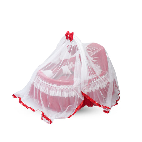 Adorables Fancy Bed Cotton Net Frill – Red & White | Elegant Lace Design with Hanging Pillow, Side Pillows & Neck Pillow