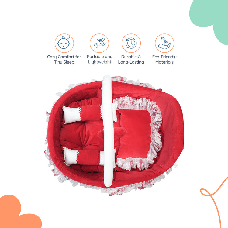Adorables Fancy Bed Cotton Net Frill – Red & White | Elegant Lace Design with Hanging Pillow, Side Pillows & Neck Pillow