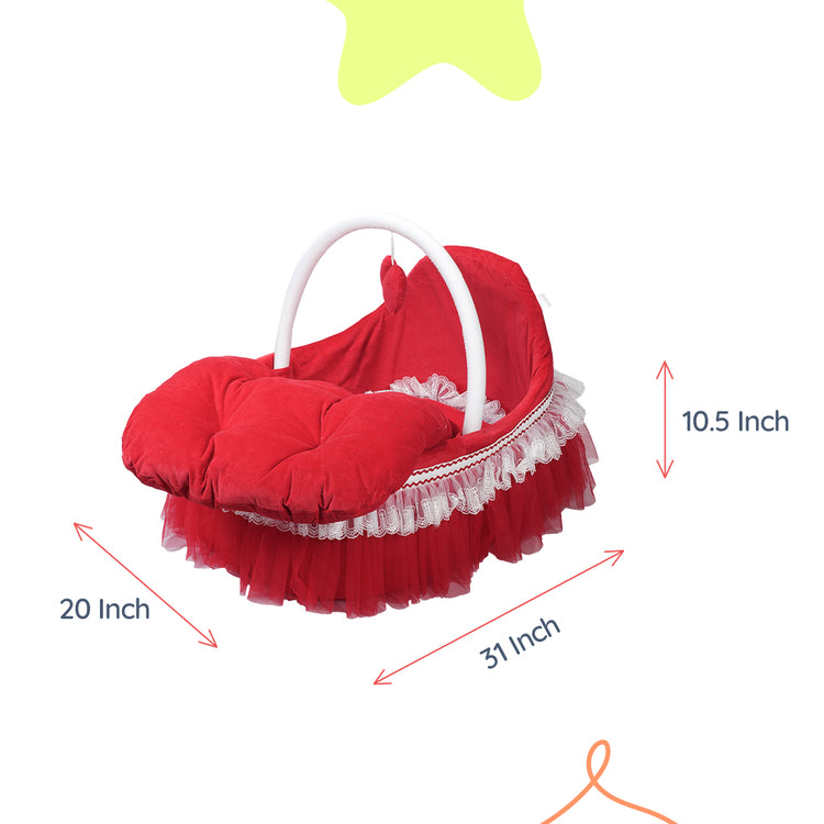 Adorables Fancy Bed Cotton Net Frill – Red & White | Elegant Lace Design with Hanging Pillow, Side Pillows & Neck Pillow