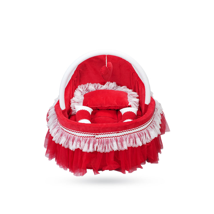 Adorables Fancy Bed Cotton Net Frill – Red & White | Elegant Lace Design with Hanging Pillow, Side Pillows & Neck Pillow