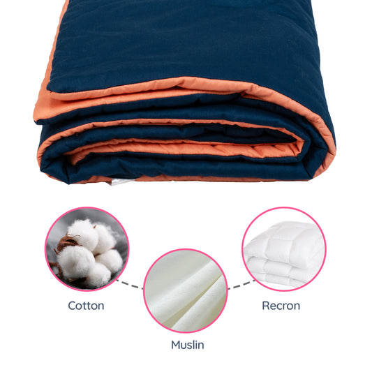 Adorables Quilt-L | Turquoise Blue & Peach | Cotton & Recron Sheet | Includes Side & Neck Pillows