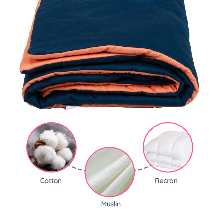 Adorables Quilt-L | Turquoise Blue & Peach | Cotton & Recron Sheet | Includes Side & Neck Pillows