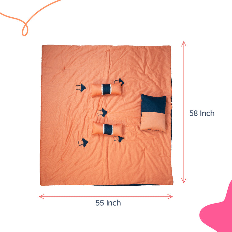 Adorables Quilt-L | Turquoise Blue & Peach | Cotton & Recron Sheet | Includes Side & Neck Pillows