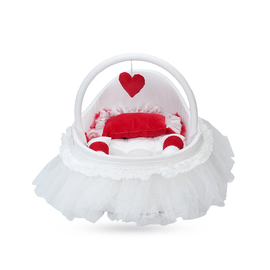 Adorables Fancy Bed Cotton Net Frill – White & Red | Lace Detailing with Hanging Pillow, Side Pillows & Neck Pillow