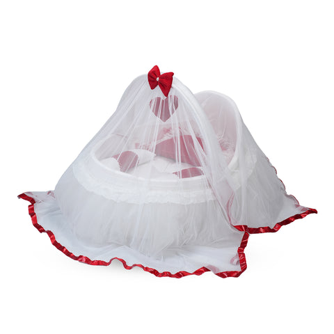 Adorables Fancy Bed Cotton Net Frill – White & Red | Lace Detailing with Hanging Pillow, Side Pillows & Neck Pillow