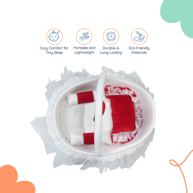 Adorables Fancy Bed Cotton Net Frill – White & Red | Lace Detailing with Hanging Pillow, Side Pillows & Neck Pillow