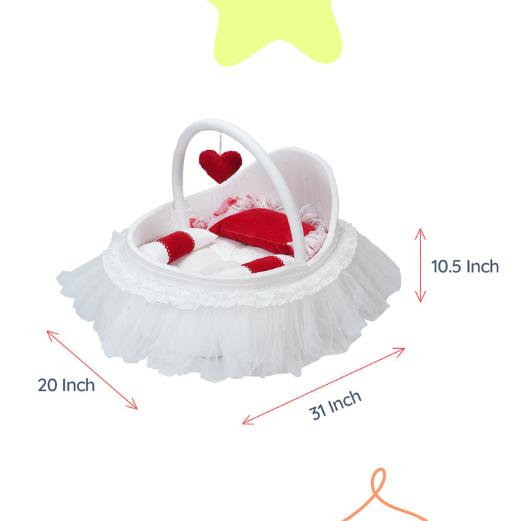 Adorables Fancy Bed Cotton Net Frill – White & Red | Lace Detailing with Hanging Pillow, Side Pillows & Neck Pillow