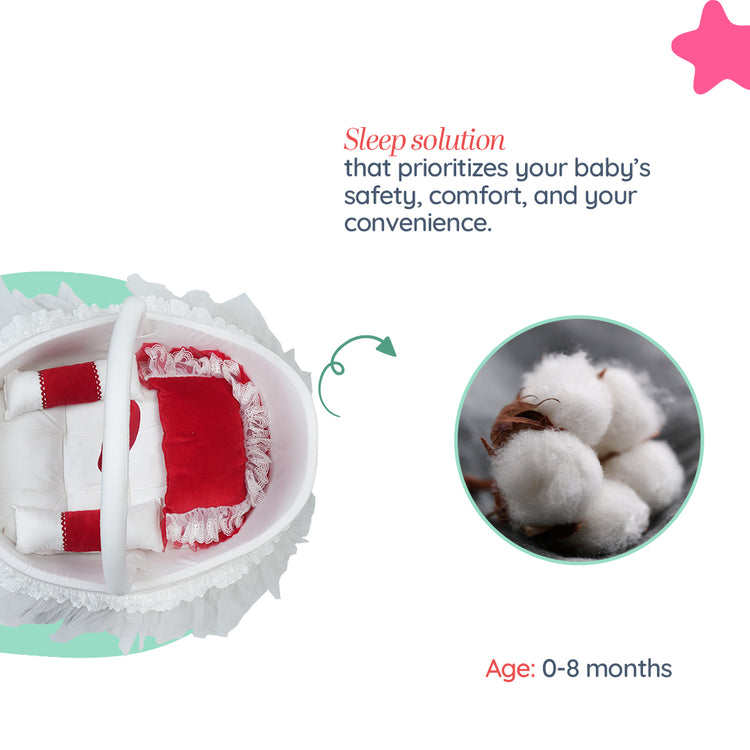 Adorables Fancy Bed Cotton Net Frill – White & Red | Lace Detailing with Hanging Pillow, Side Pillows & Neck Pillow
