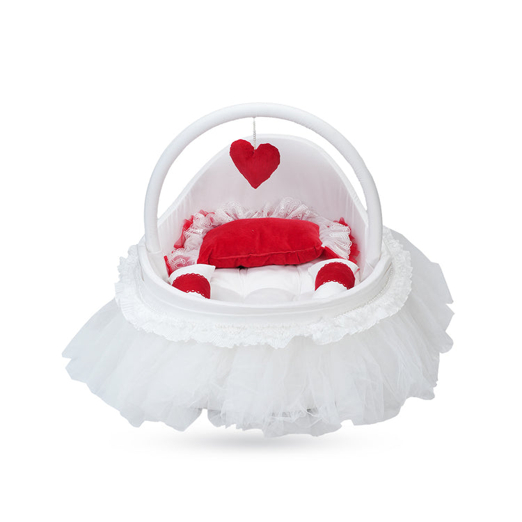 Adorables Fancy Bed Cotton Net Frill – White & Red | Lace Detailing with Hanging Pillow, Side Pillows & Neck Pillow