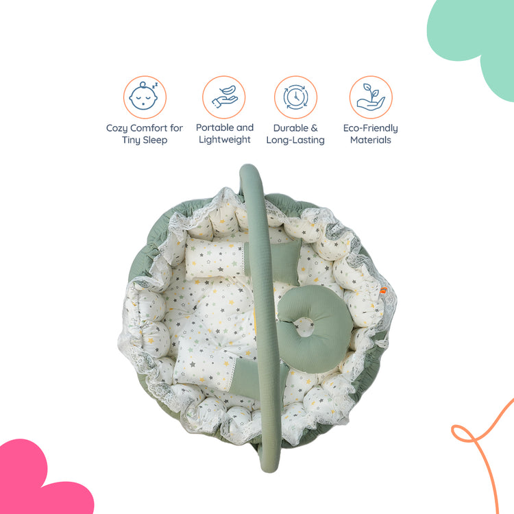 Adorables Baby Round Bedding Combo Set 3 in 1 | White & Olive Green | Star Print, Bow & Lace | Cotton & Recron | With Round Bed, Basket (L) & Baby Holder
