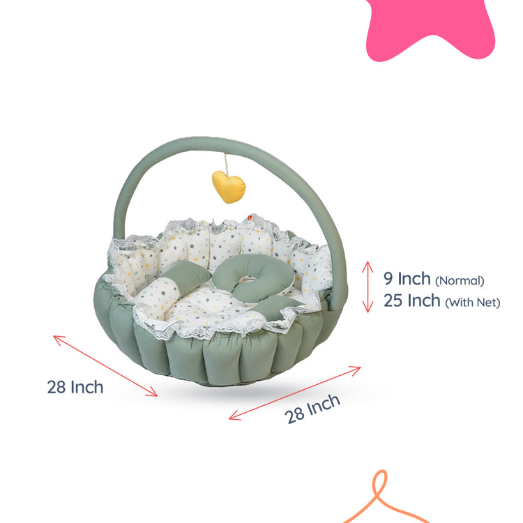 Adorables Round Bed | White & Olive Green | Star Print, Hanging Pillow, Lace Design | Cotton & Recron