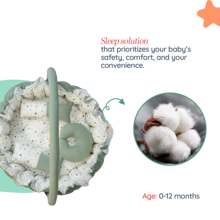 Adorables Round Bed | White & Olive Green | Star Print, Hanging Pillow, Lace Design | Cotton & Recron