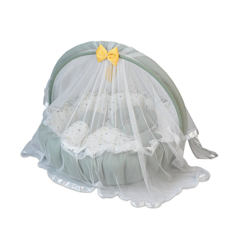 Adorables Round Bed | White & Olive Green | Star Print, Hanging Pillow, Lace Design | Cotton & Recron