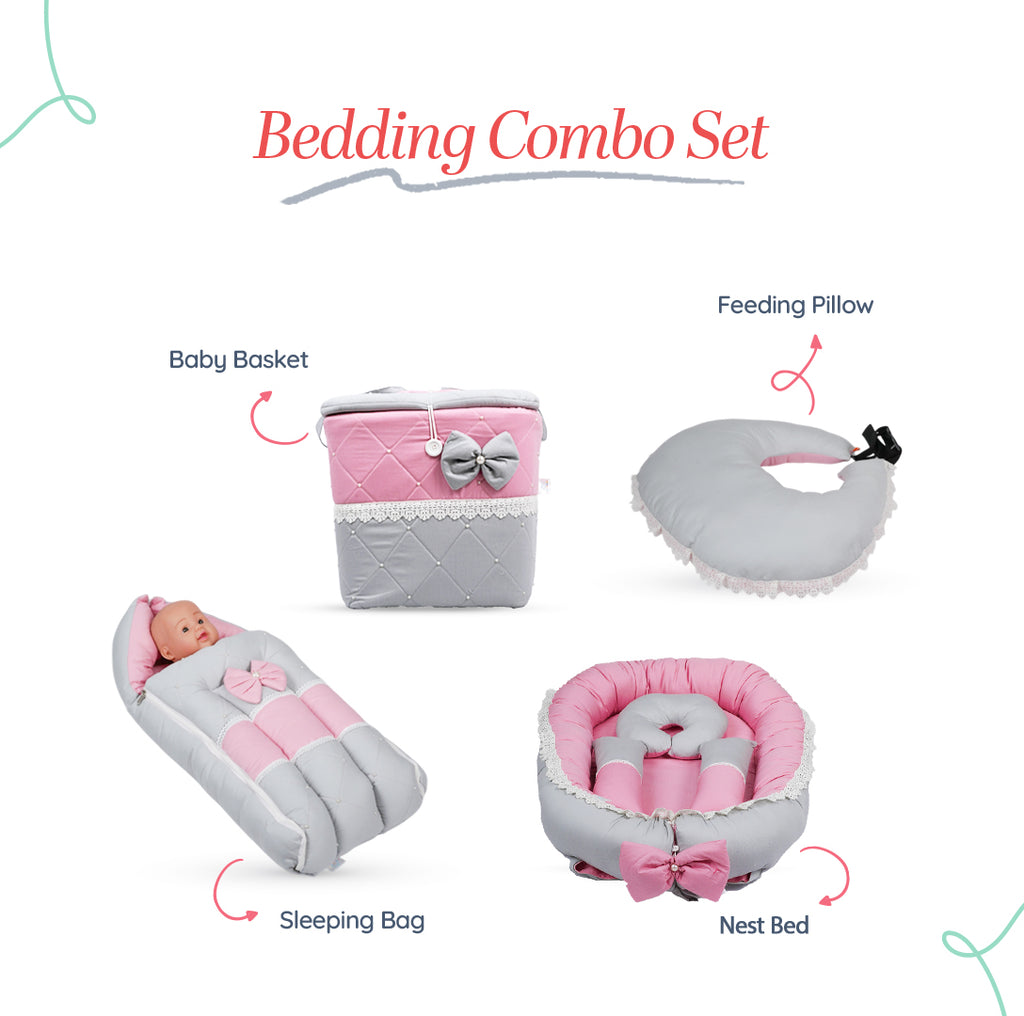 Adorables Baby Nest Bedding Combo Set 4 in 1 | Grey & Pink | Bow Work, Pearls & Lace Design | Cotton & Recron | Includes Baby Nest, Sleeping Bag, Basket (L) & Feeding Pillow.