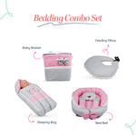 Adorables Baby Nest Bedding Combo Set 4 in 1 | Grey & Pink | Bow Work, Pearls & Lace Design | Cotton & Recron | Includes Baby Nest, Sleeping Bag, Basket (L) & Feeding Pillow.